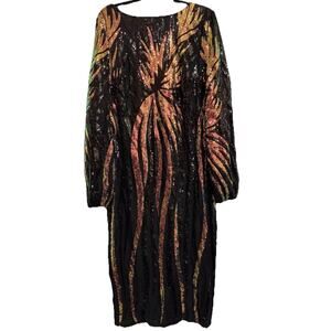 Faeriesty Dress Women 3XL Black Multi Sequins Midi Fitted Dress Long Sleeve NWOT